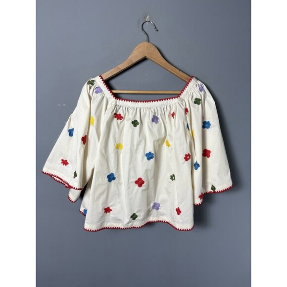 CAROLINE CONSTAS Womens L Ivory Floral Embroidered Flowy Cropped Blouse Top - Picture 4 of 7